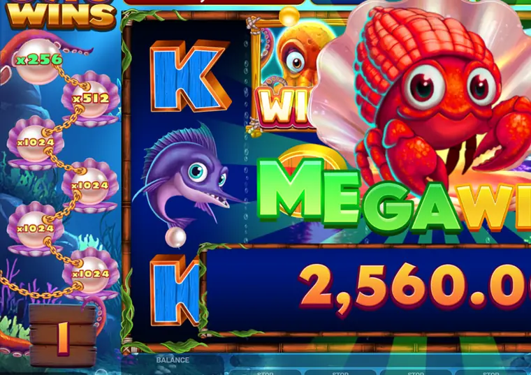 A red hermit crab emerging from an open shell across the middle of the reels, with a swordfish, a pufferfish and wooden letters around it and pearls marked x256 to x1024 down the left edge.