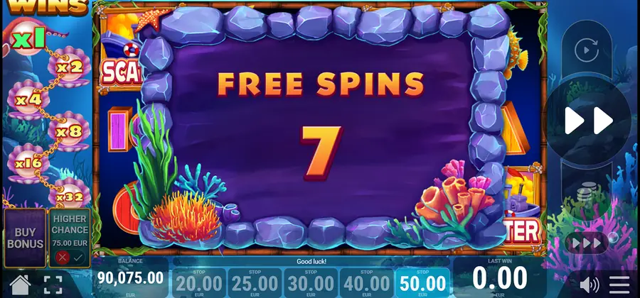 A stone-framed panel over the reels reading Free Spins with a large 7 beneath it, a Buy Bonus button at the lower left and a Higher Chance button priced at 75.00 beside it with a cross and a tick.