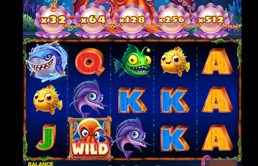 The five-by-three grid in portrait with a shark, swordfish, anglerfish and pufferfish among wooden letters, a framed octopus wild on the middle reel, and five pearls in open shells along the top reading x32 to x512.