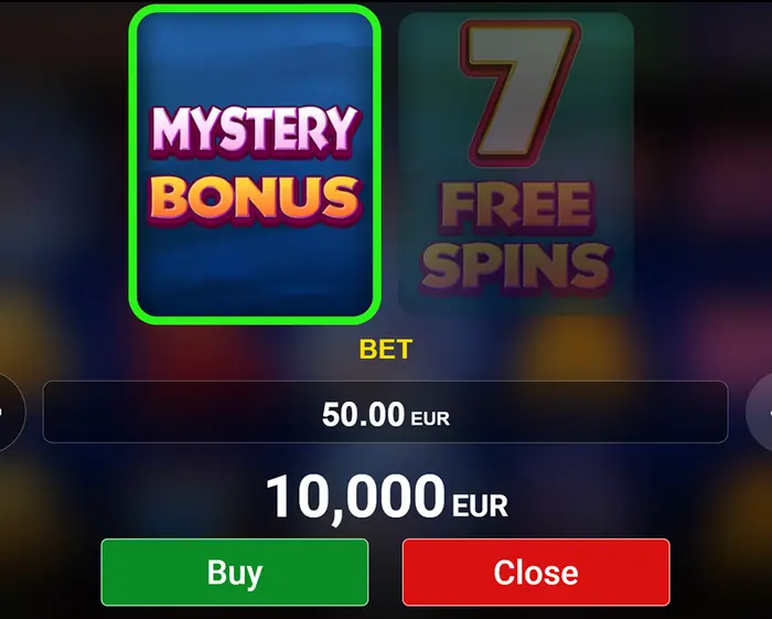 A dark panel over the reels with two tiles — Mystery Bonus, outlined in green as the selected one, and a tile reading 7 Free Spins — above a stake selector set to 50.00, a price of 10,000 and green Buy and red Close buttons.