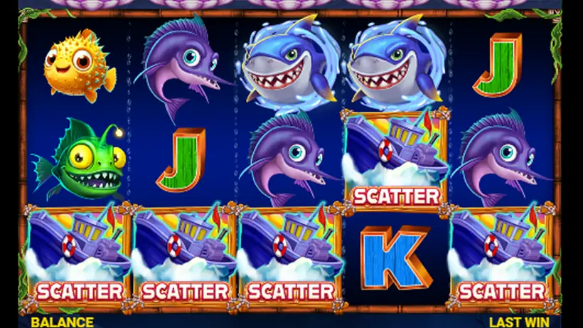 A screen with five boat symbols labelled Scatter across the bottom and middle rows, a pufferfish, a green anglerfish, two sharks and three swordfish among them, and pearls marked x2 to x32 along the top.
