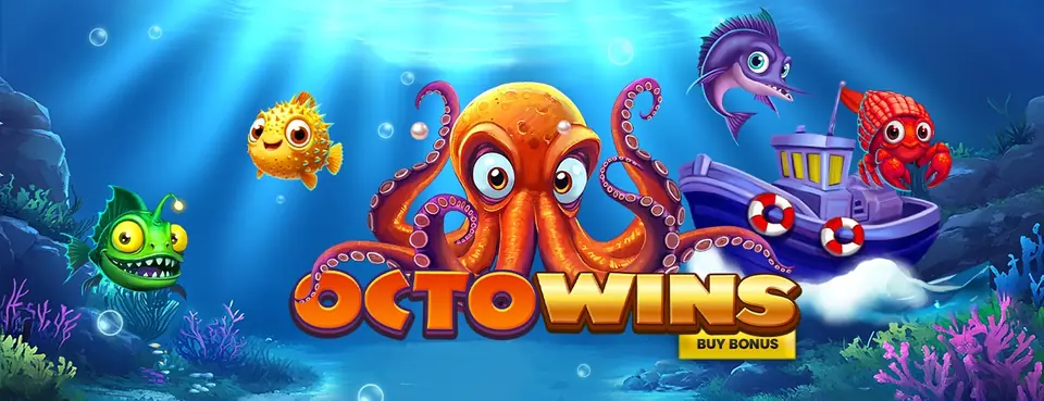 The game's own banner: an orange octopus between a pufferfish, an anglerfish, a swordfish, a tug and a red hermit crab, with the title set as one word and a Buy Bonus ribbon beneath it.
