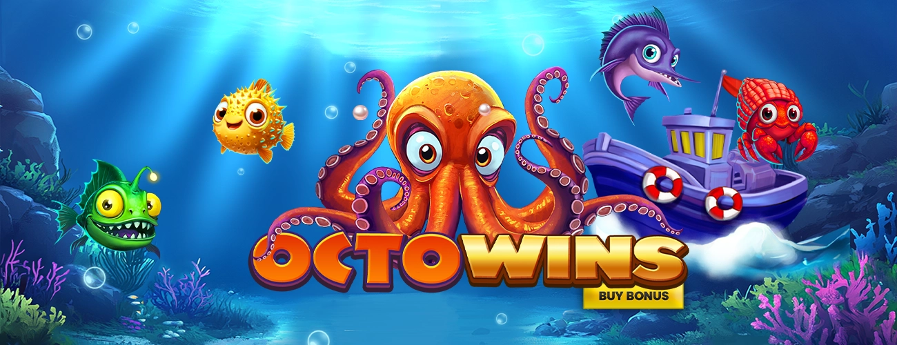 Octowins underwater banner with orange octopus, colourful fish and game logo
