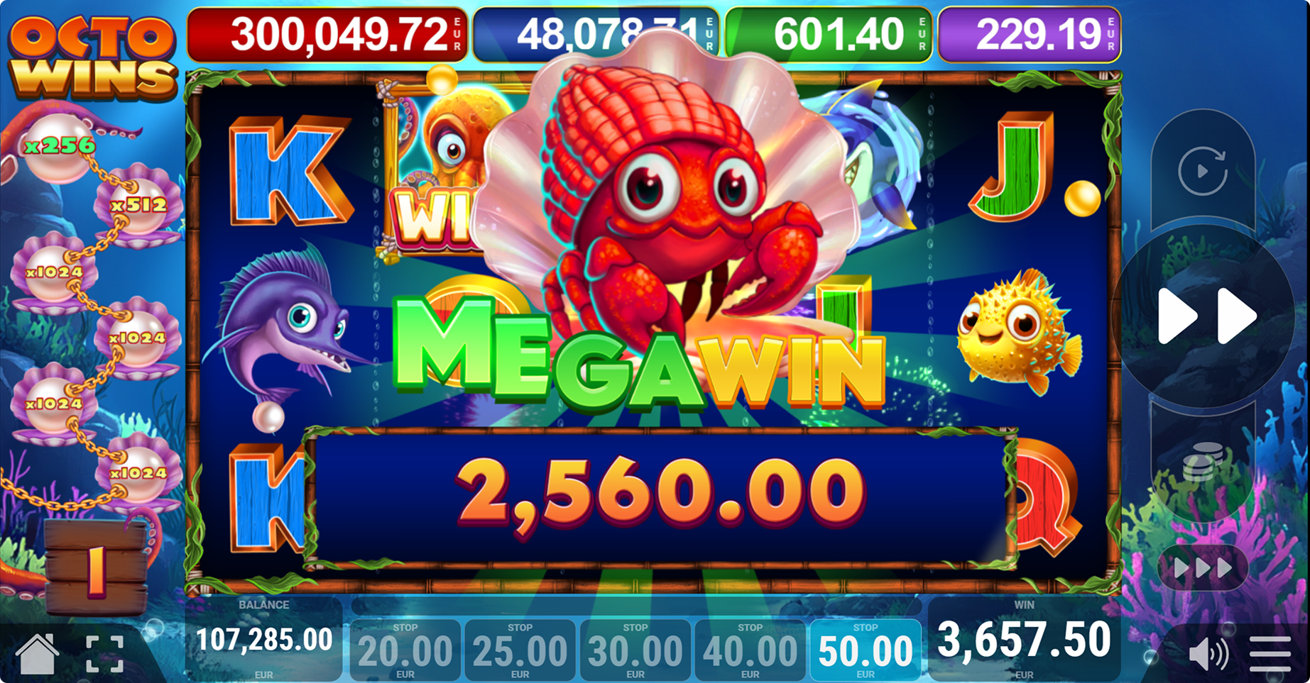 Octowins Mega Win overlay with hermit crab, amount panel and x256 multiplier