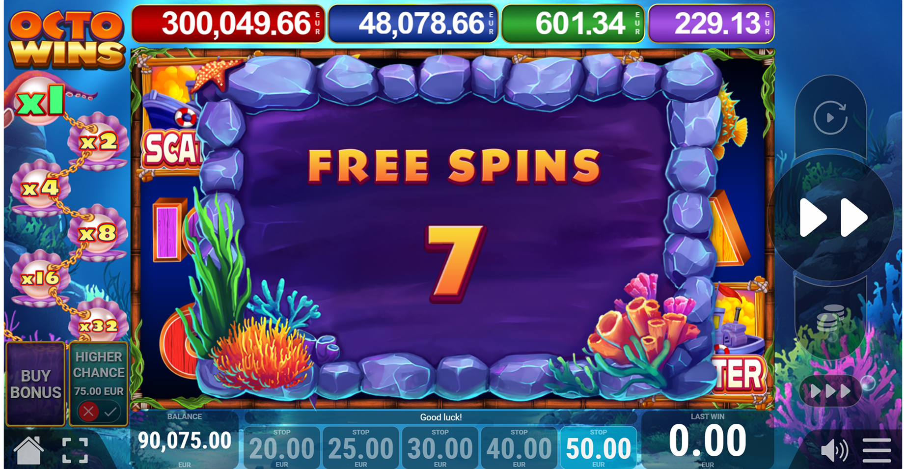 Octowins five-reel grid showing underwater symbols, multiplier pearls and a 90.00 win