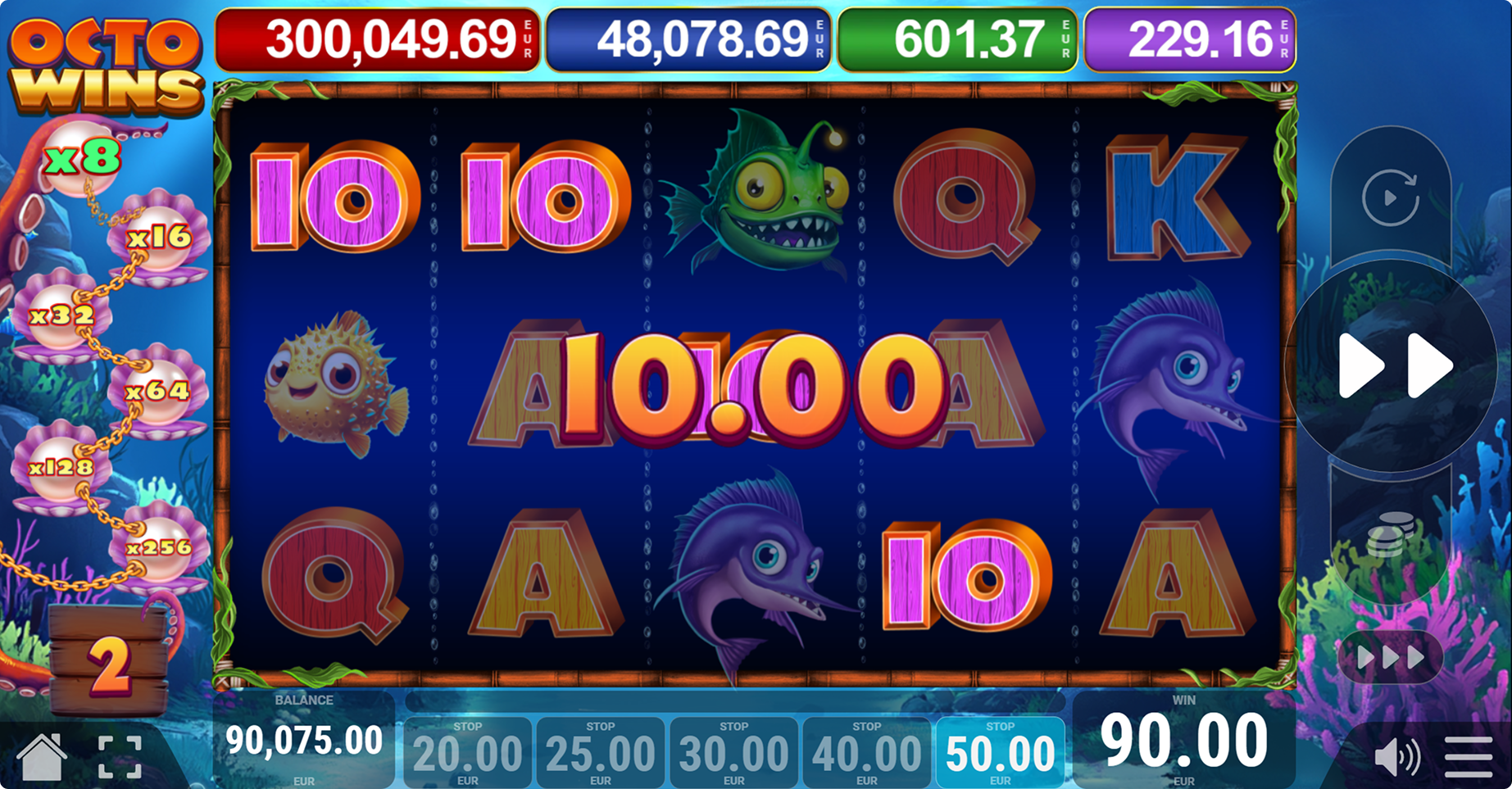 Octowins Free Spins screen displaying seven awarded spins beside the multiplier ladder