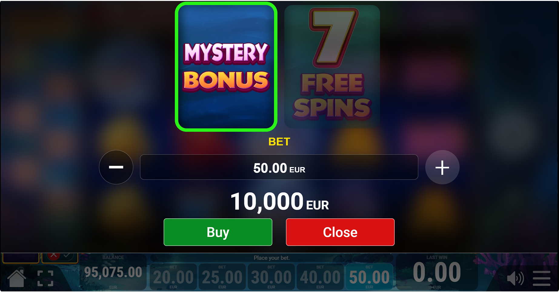 Octowins Buy Bonus panel with Mystery Bonus and seven Free Spins selections