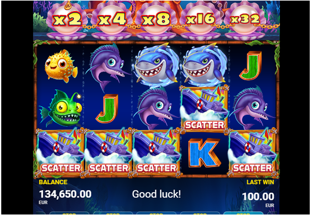 Portrait Octowins mobile screen with five reels, sea creatures and Scatter symbols